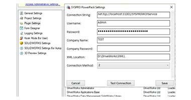 Plugin Settings for connecting DriveWorks & SYSPRO